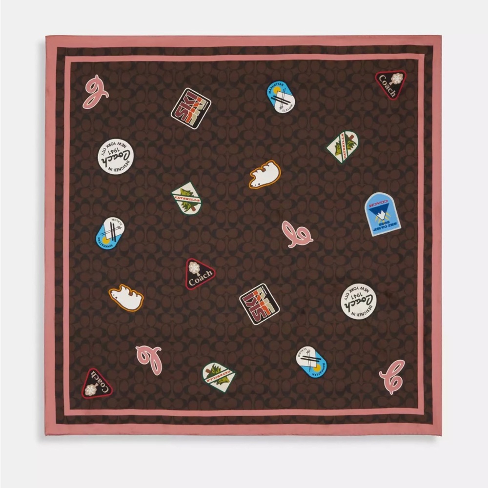 Coach Brown and Pink Signature Ski Patch Silk Scarf